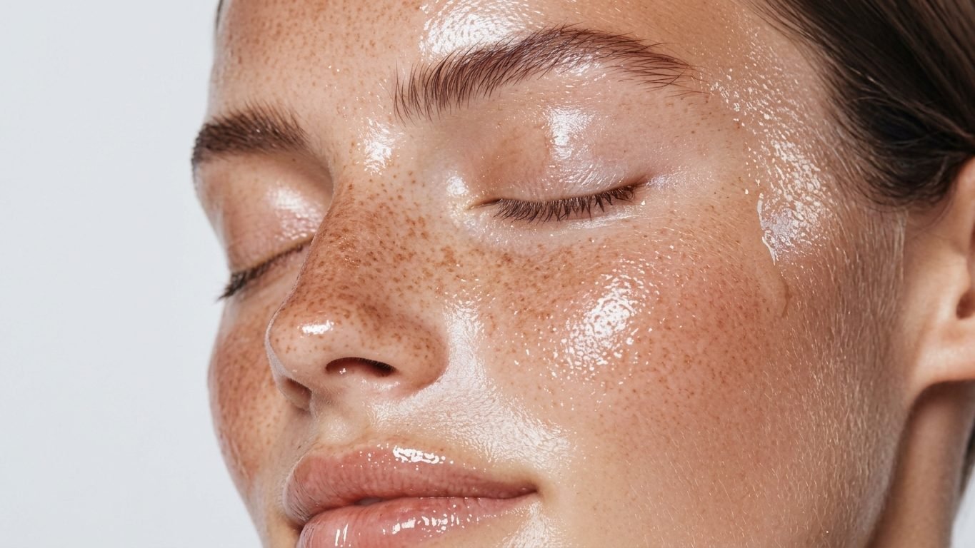 Visage aux yeux fermés et aux taches de rousseur, peau lumineuse et hydratée