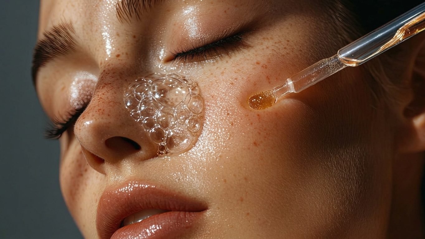 Gros plan d’un visage aux taches de rousseur, une pipette dépose une goutte d’huile dorée sur la joue