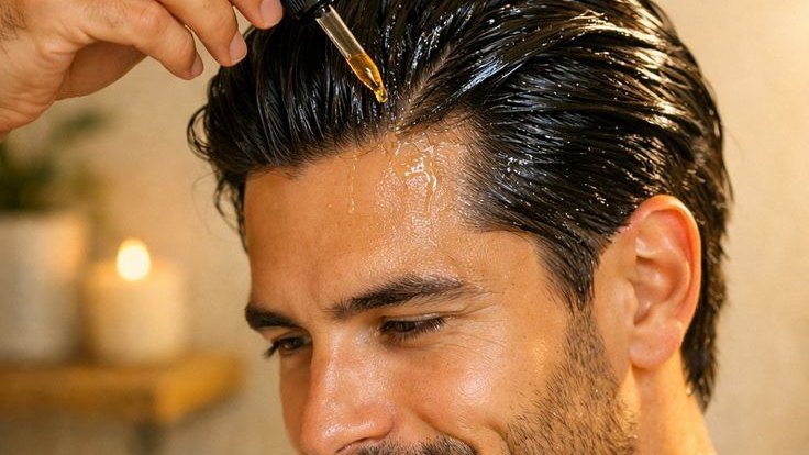 Homme appliquant quelques gouttes d’huile sur ses cheveux avec une pipette